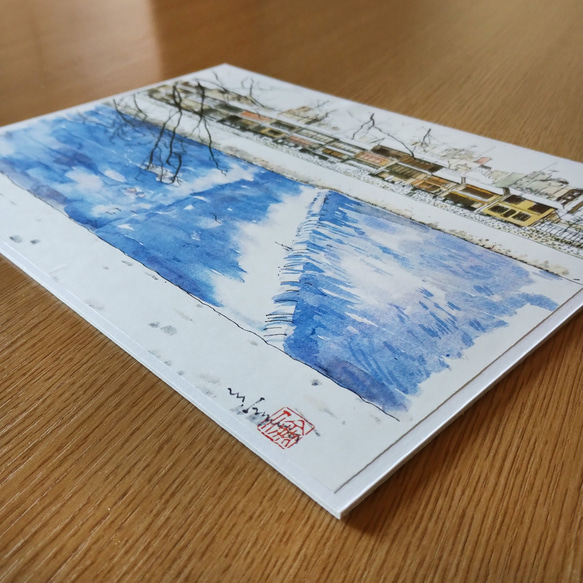 A4サイズ「 京都　雪の鴨川」　京の水彩画工房 3枚目の画像