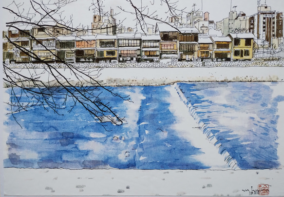 A4サイズ「 京都　雪の鴨川」　京の水彩画工房 4枚目の画像