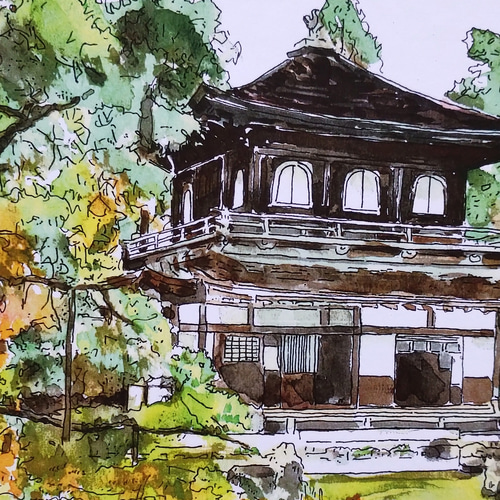 A4サイズ「京都 新緑の銀閣寺」 京の水彩画工房 絵画 京の水彩画