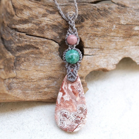 【0.5】ロゼッタジャスパーとクリソコラとシリシャスシスト天然石マクラメネックレスmac359 10枚目の画像