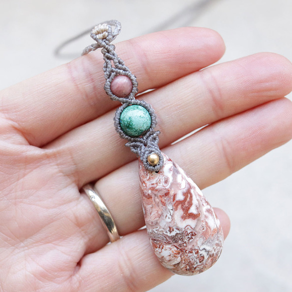 【0.5】ロゼッタジャスパーとクリソコラとシリシャスシスト天然石マクラメネックレスmac359 11枚目の画像