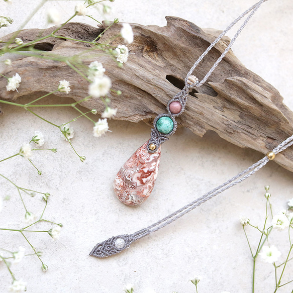 【0.5】ロゼッタジャスパーとクリソコラとシリシャスシスト天然石マクラメネックレスmac359 1枚目の画像