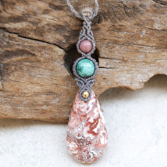 【0.5】ロゼッタジャスパーとクリソコラとシリシャスシスト天然石マクラメネックレスmac359 2枚目の画像