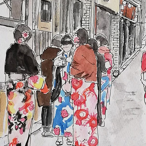 水彩画 原画 店長 オータムヴィレッジ02」透明水彩画 原画 風景画 額縁付 F4サイズ