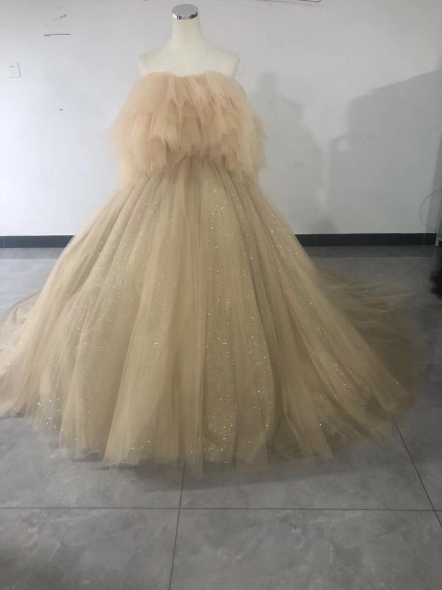 華やか カラードレス シャンパン色 キラキラグリッターチュール オフショルダー 披露宴/拳式