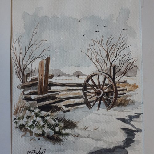 水彩画　永平寺　冬の絵　絵画　雪　寺　アート　インテリア　美術　マーメイド紙 日本最大のブランド 水彩画永平寺冬の絵絵画雪寺アート