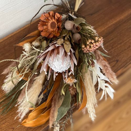 ドライフラワー＊65cm＊キングプロテアスワッグ キングプロテアのドライフラワースワッグ ウェディングブーケ