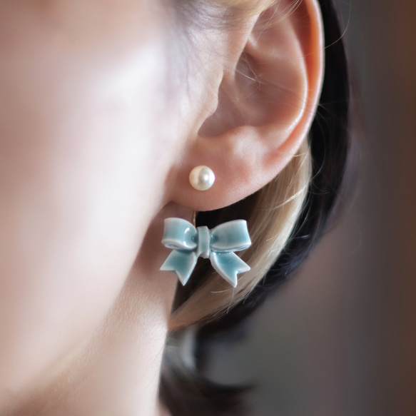 蝴蝶結 軟陶耳環 / 耳夾 / 耳針/ 暗藍色 第1張的照片
