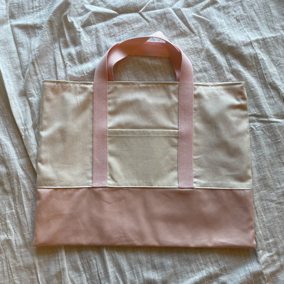 キャンバス生地 が シンプル かわいい 女の子の レッスンバッグ （ピンク ×ストライプピンク） 45×34 cm 2枚目の画像