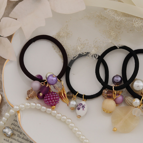 送料無料】パープル×ベージュ◇ヘアゴム4本セット/Creema限定 秋