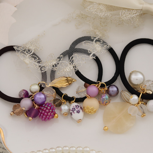 送料無料】パープル×ベージュ◇ヘアゴム4本セット/Creema限定 秋