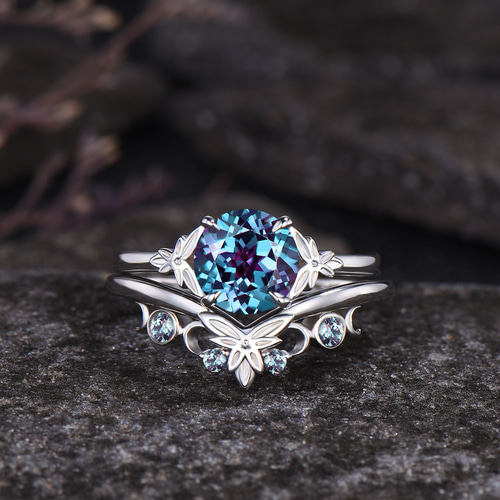 6 月の誕生石アレキサンドライト リング セット リーフ 自然をインスピ