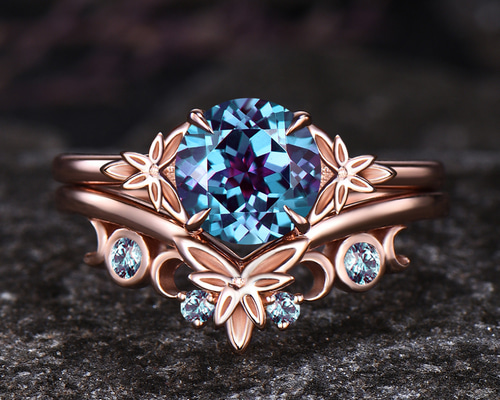 6 月の誕生石アレキサンドライト リング セット リーフ 自然をインスピ