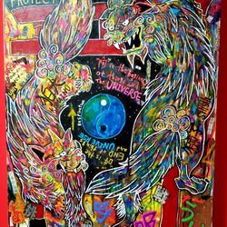 【値下げOK】狛犬と獅子 （F20号）     現代アート 絵画 インテリア イラスト 縁起物 宇宙 2枚目の画像