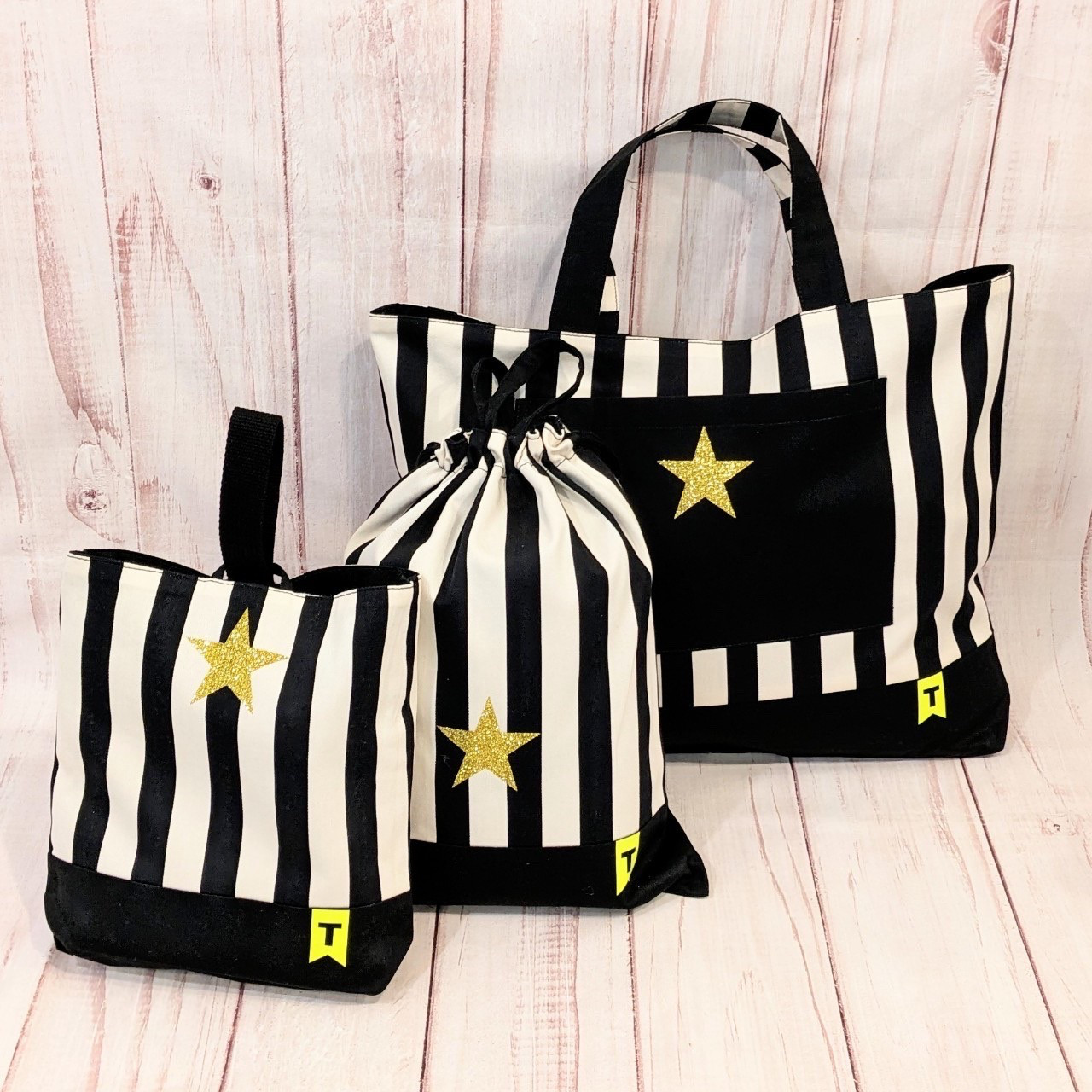 【即納・オマケ付】しましまの通園バッグ、巾着、シューズ入3点セット