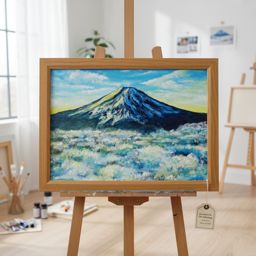 【真作】絵画　沢健　油彩6号　富士山　雄大な自然を描いた風景画　証明書付　V53 油絵【朝の富士山】（A4サイズ 原画）油彩画 絵画 風景画 富士山