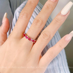 マーキス 人工ルビー エタニティリング 高炭素ダイヤモンド キラキラ ゴージャス 指輪 リング シンプル ピンクレッド 3枚目の画像