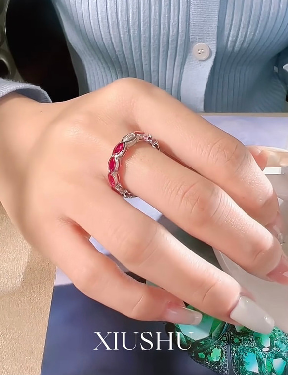 マーキス 人工ルビー エタニティリング 高炭素ダイヤモンド キラキラ ゴージャス 指輪 リング シンプル ピンクレッド 4枚目の画像