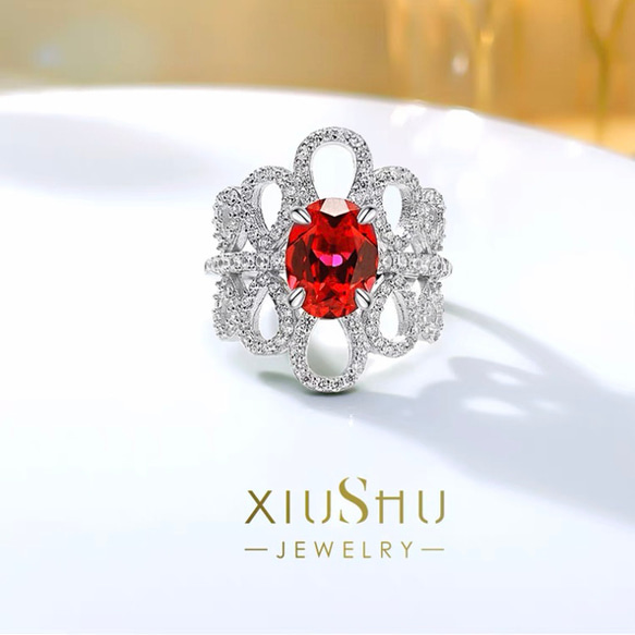 フラワー 人工ルビー 高炭素ダイヤモンド キラキラ ゴージャス 指輪  