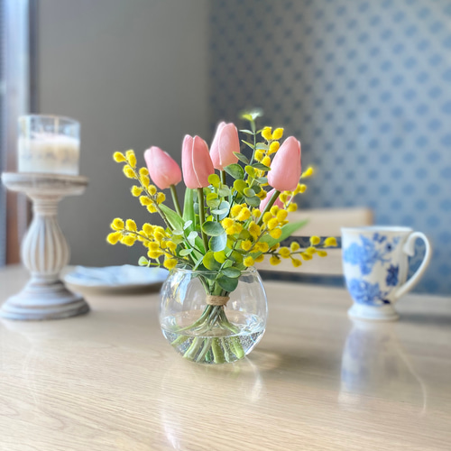 ❇︎ミモザ飾る部屋で❇︎ シーグラスアート ミモザ チューリップ  