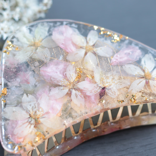 ヘアクリップ レジン 細長オーバル 桜とお花 ピンクとミントグリーン 500x0.jpg