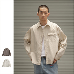 メンズレトロストライプポケットワークシャツコットンゆったり長袖シャツ W128 1枚目の画像