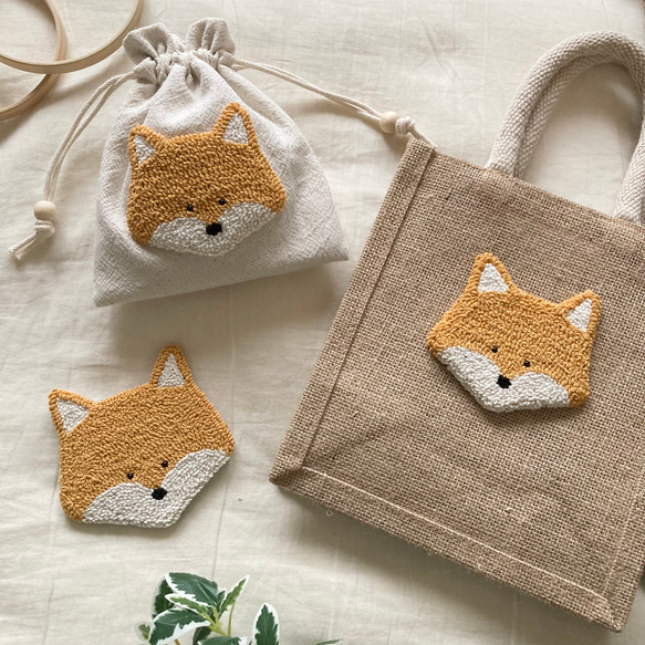 北欧　ジュートバッグ　ランチバッグ　軽量　きつね　オオカミ　動物　アニマル　刺繍　もこもこ　毛糸　ナチュラル　かわいい 14枚目の画像