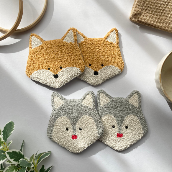 北欧 コースター 1枚 きつね オオカミ もこもこ ナチュラル 個性的