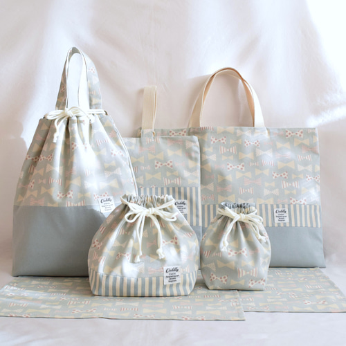 入学入園セットオーダー♡くすみリボン柄グレー レッスンバッグ