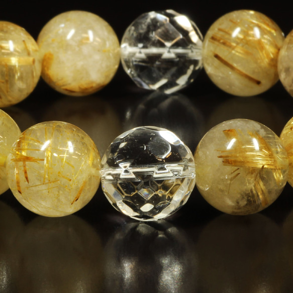 【強烈エネルギーをもたらす数珠】12ミリ 風水神 皇帝龍本水晶 ゴールドタイチンルチル 64面カット水晶 ブレスレット 9枚目の画像