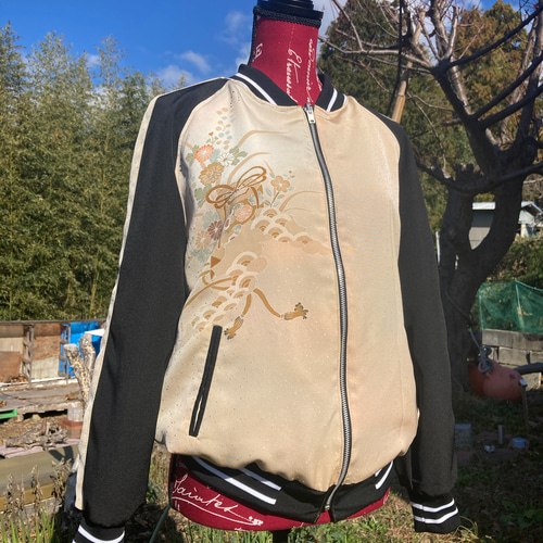 着物リメイクスカジャン 横振り刺繍 リバーシブル 振袖リメイク