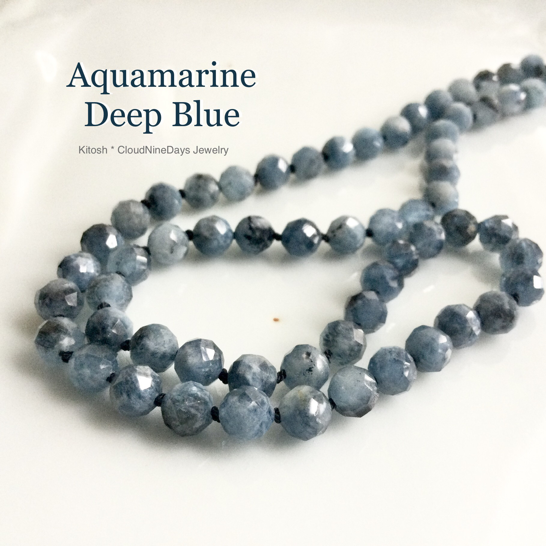 深い青6mmアクアマリン　オールノットネックレス45cm　原石の質感と光　3月誕生石