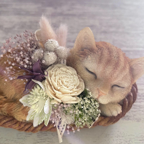 ねこ 猫置物 プリザーブドフラワー ドライフラワー アーティフィシャル