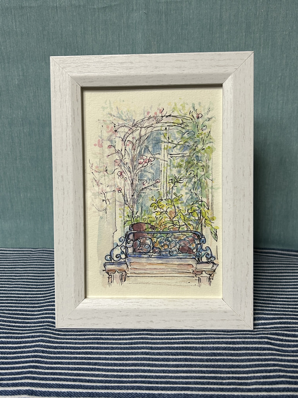 アパルトマンの窓辺(フランス、パリ、透明水彩、原画、写真立て付き) 3枚目の画像
