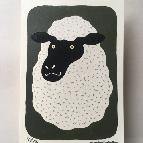 木版画 羊と少年 羊 ひつじ 木版画 ポストカードサイズ 版画 wahee 通販 17081886