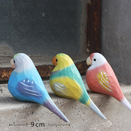雲斑のインコの木彫り小鳥 秋の草のインコ 手作りの木製置物 その他
