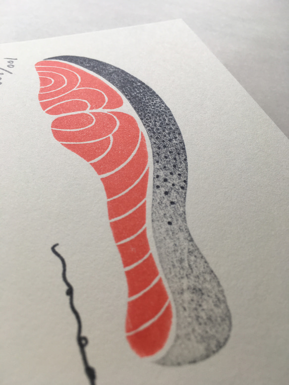 鮭　シャケ　切り身　魚　木版画　ポストカードサイズ 2枚目の画像