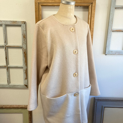 【新品未使用】セントジョン/ウールレーヨンノーカラーコート/レザー/アメリカ製 セール価格☆大人バイカラー❤️ウール素材ノーカラーコート