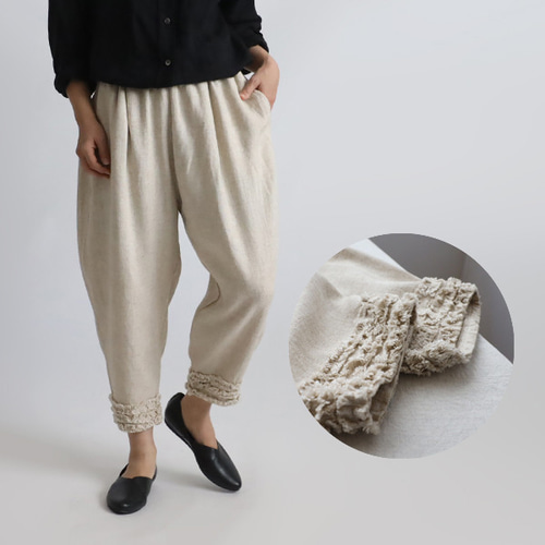 美品⁂ポットアンドティ⁂裾ゴムフリルパンツ　ペチパンツ　ゆったり　ネイビーブルー 美品⁂ポットアンドティ⁂裾ゴムフリルパンツ ペチパンツ ゆったり