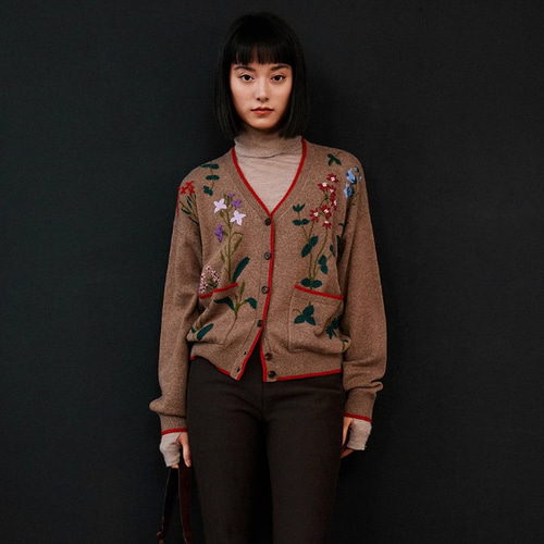 花柄刺繍入りウールカーディガン 配色 ウール100％ コート  