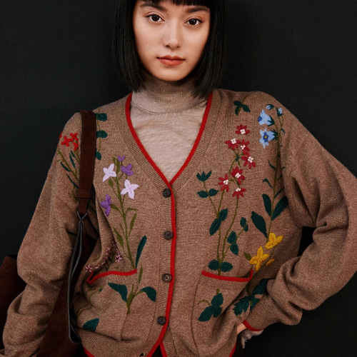 花柄刺繍入りウールカーディガン 配色 ウール100％ コート  
