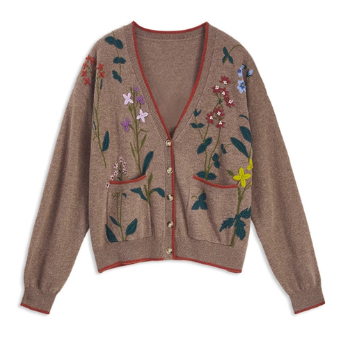 花柄刺繍入りウールカーディガン 配色 ウール100％ コート  