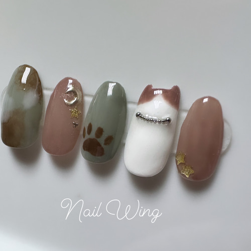 大特価 pop 猫ネイル 猫耳ネイル くすみカラー ネイルチップ 大人カラー ネイルチップ・付け爪