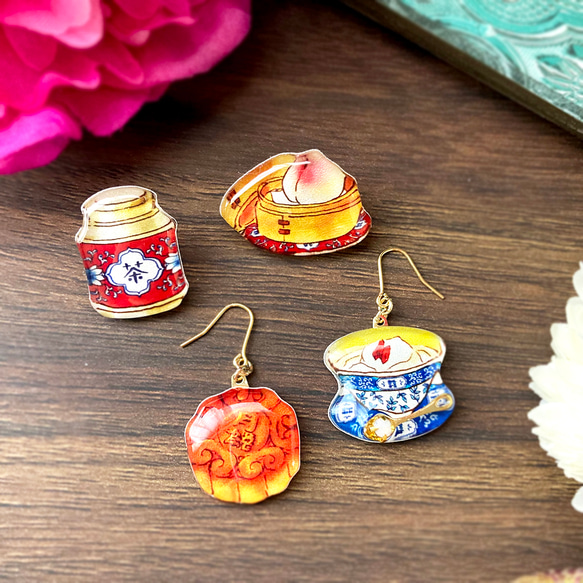 【選べる】Chinafood earring -茶-｜中国茶菓子＆天心イヤリング・ピアス 4枚目の画像