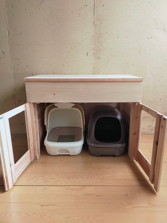 ストッカー付きデュオトイレ　２つしまえる　猫トイレカバー 無塗装