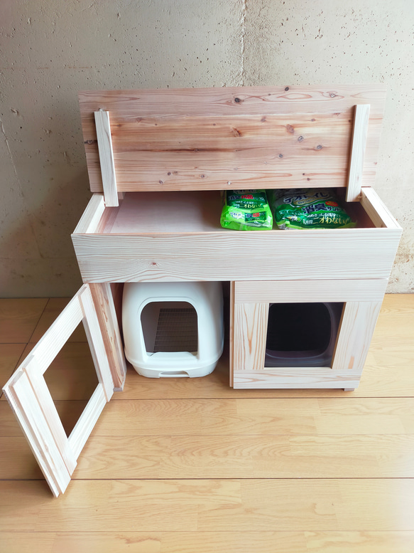 ストッカー付きデュオトイレ　２つしまえる　猫トイレカバー 無塗装