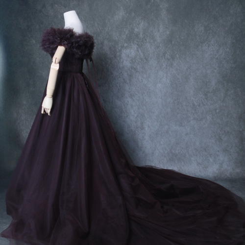 人気上昇！カラードレス コーヒーの色 オフショルダー 柔らかく重ねた  