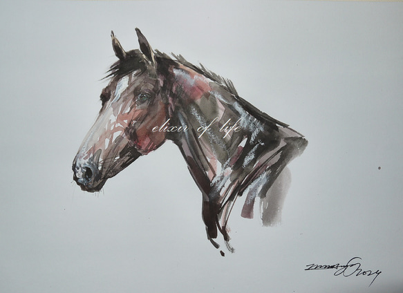 馬のポートレート２０２４（A4サイズ、水彩画用紙、墨、水彩、パステル） 1枚目の画像