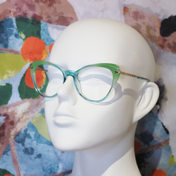 フォックス型｜薄緑色フレーム｜老眼鏡、だてメガネ、近視用・乱視用・サングラスとして作成OK 3枚目の画像