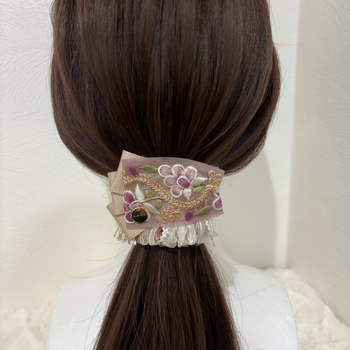 インド刺繍 ヘアクリップ インド刺繍リボン パープル 紫 ピンクリボン